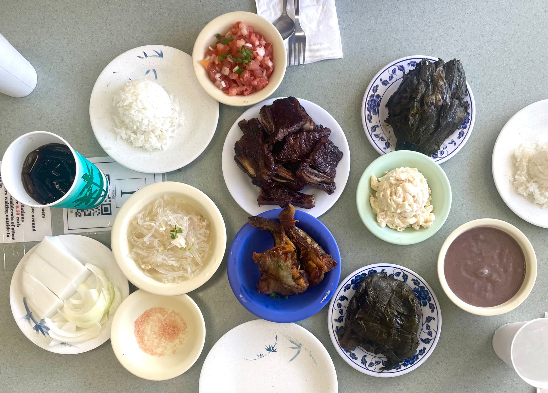 A selection of dishes at Helena's Hawaiian Food on Oʻahu, Hawaii.