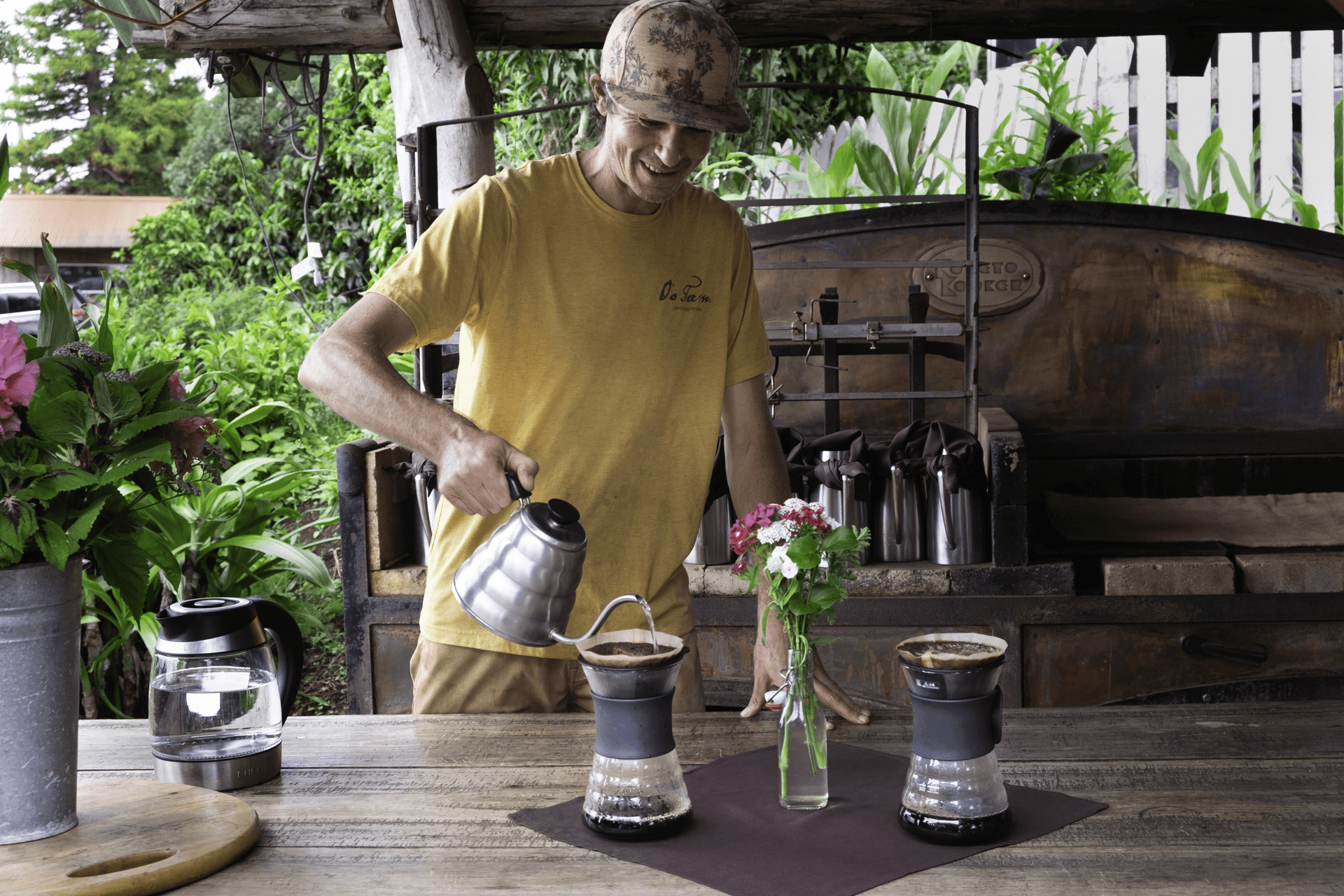 Another sampling of Oʻo Farm bean-to-cup coffee before brunch is served. Photo by Sarah Burchard.