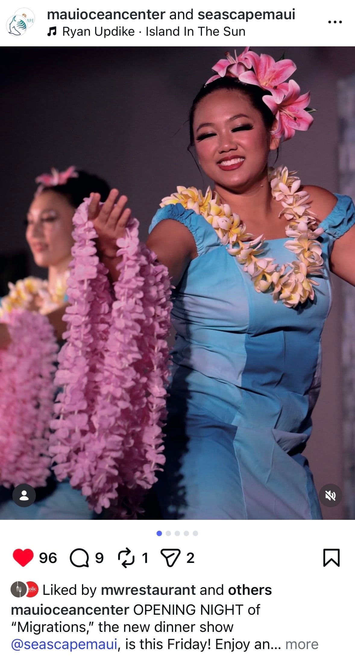 Woman dancing hula carrying lei instagram post