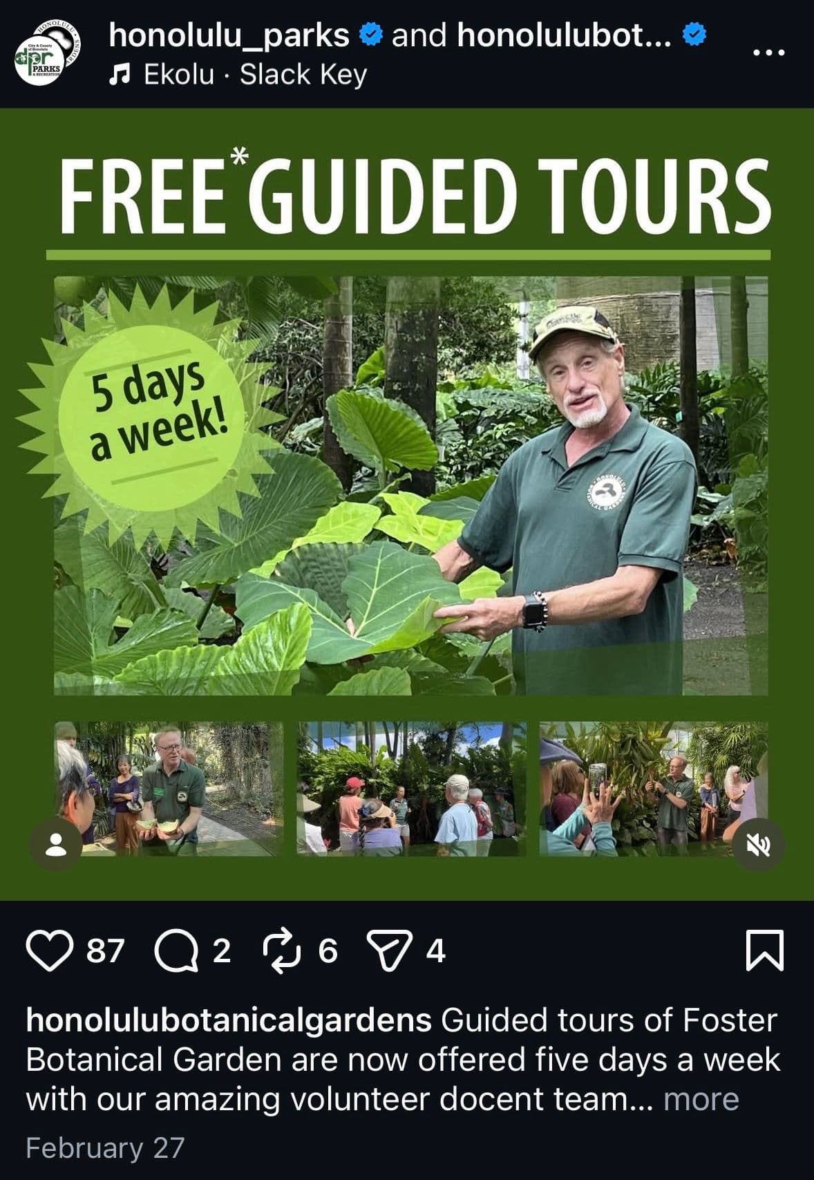 Free guides tours at Foster Botanical Garden flyer.