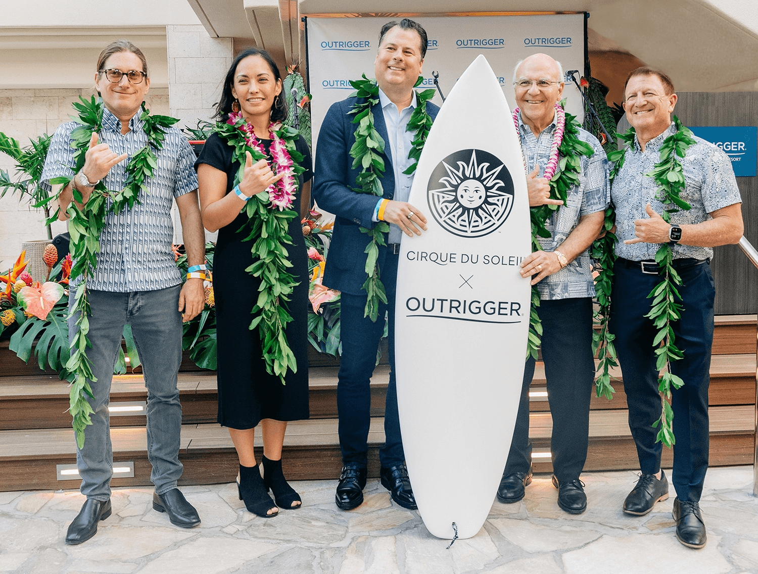 From Left: Simon Painter, Creative Director at Cirque du Soleil; Makanani Salā, Executive Director of Honolulu Mayor’s Office of Culture and the Arts; Eric Grilly, Cirque du Soleil President of Resident and Affiliate Shows; Honolulu Mayor Rick Blangiardi; Jeff Wagoner, President and CEO of OUTRIGGER Hospitality Group. (Photo: OUTRIGGER Resorts & Hotels)