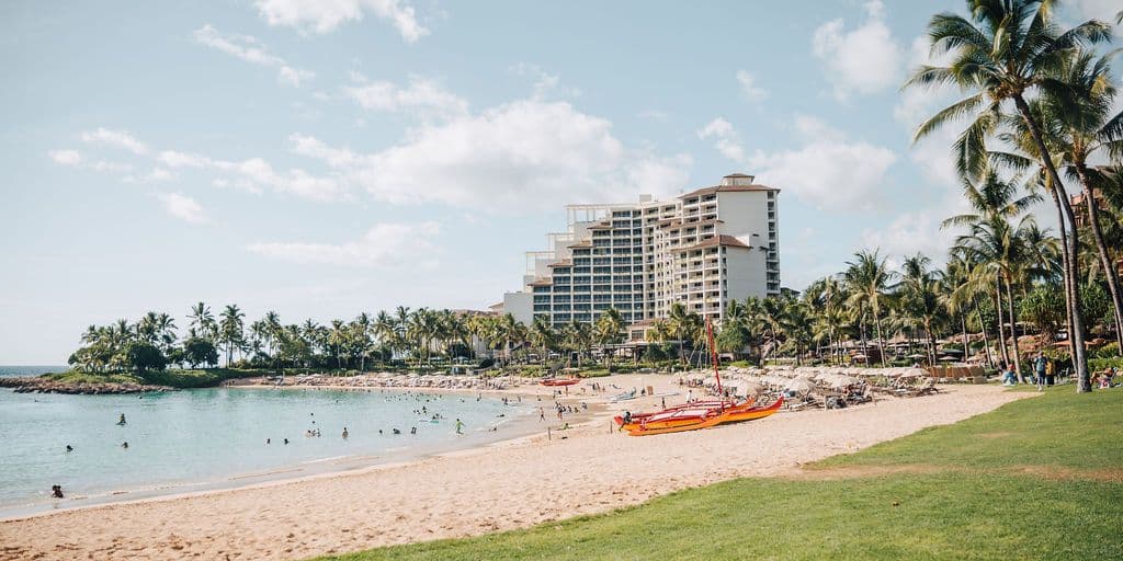 The lagoon and beach at Ko Olina resort on west side of Oahu, Hawaii.