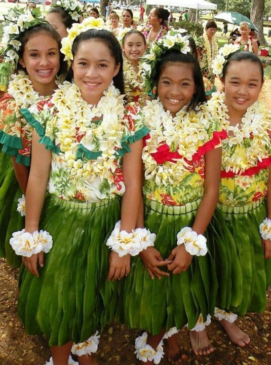 Group of girls in Hawaiian leis for May Day in Hawai'i