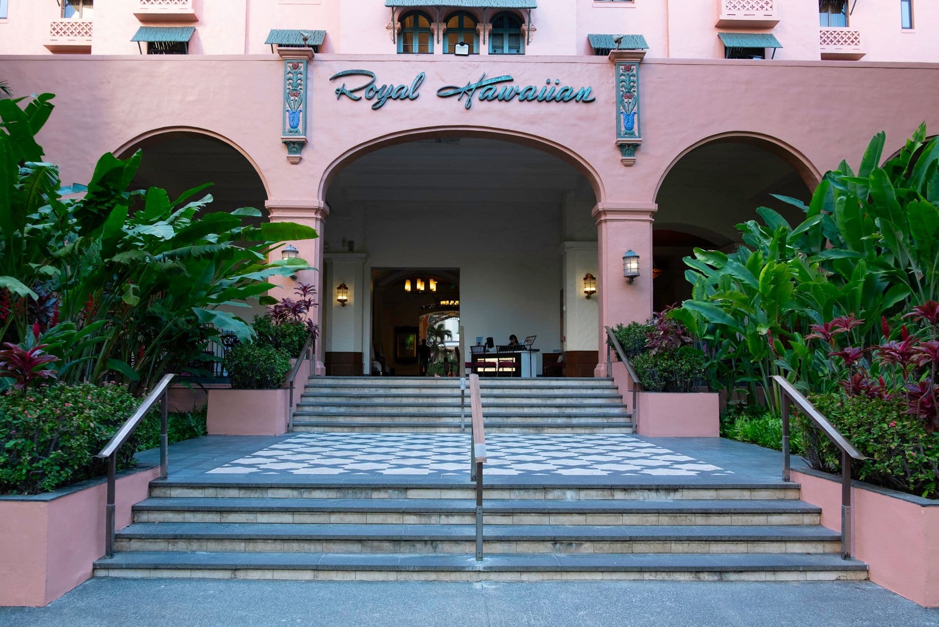 The front entrance of the Royal Hawaiian Hotel in Waikiki Oahu, Hawaii.