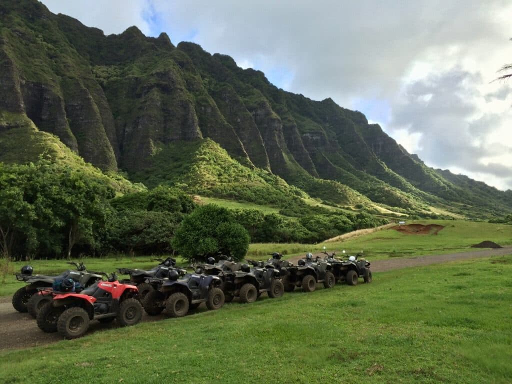 ATV vehicles lined up for a tour of the Kualoa Ranchhateii hawiia hawaii. hawaiii hawiaii hwaii hawaai hawall hawii hawwai hawwaii hawwii hiwaii haiwaii hawia hawwi 1910999119