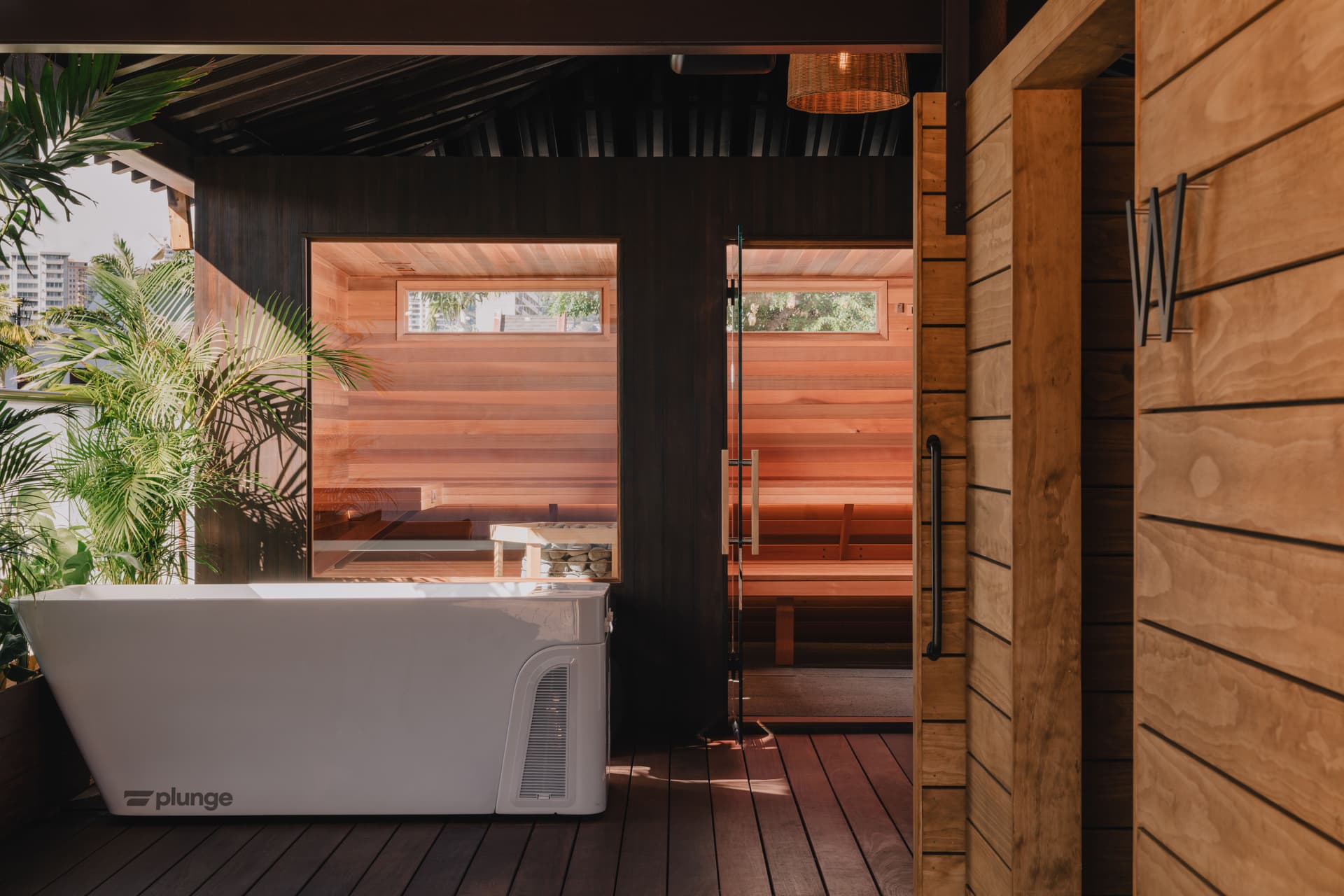 Sauna and cold plunge tub at wellness studio in Hawaii.