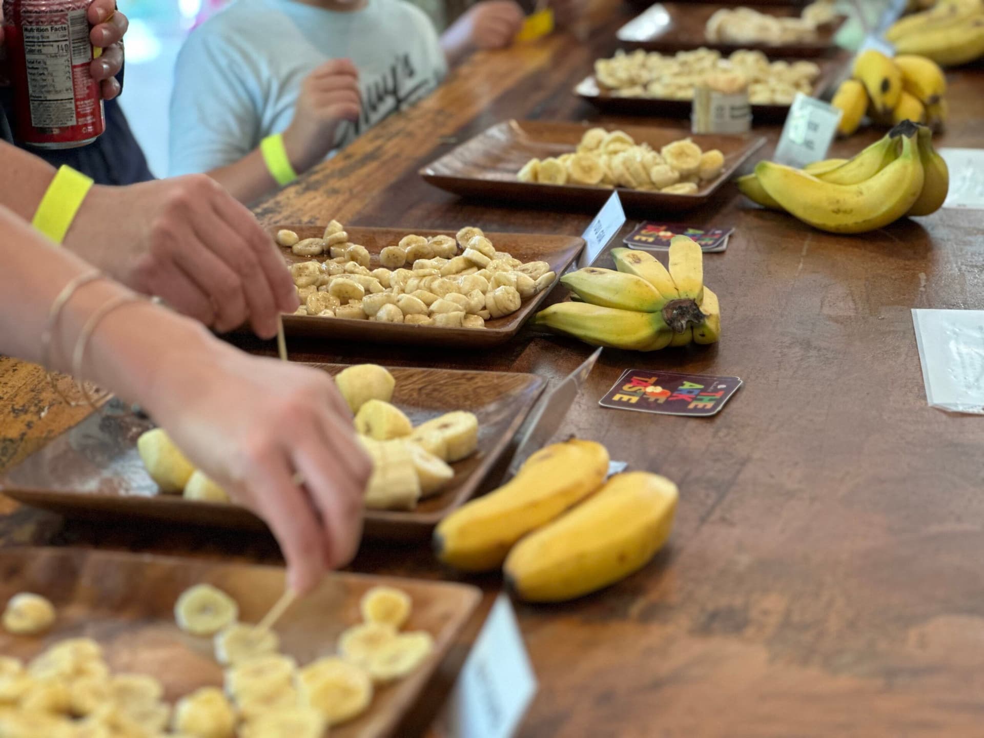 sliced bananas lined up to sample