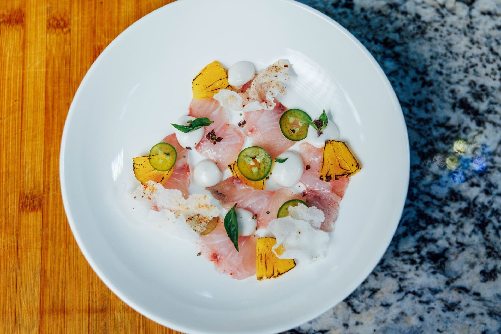 Citrus-Cured-Crudo-maui-gold-pineapple-jalapeno-coconut-milk-makrut-leaf-oil-puffed-rice