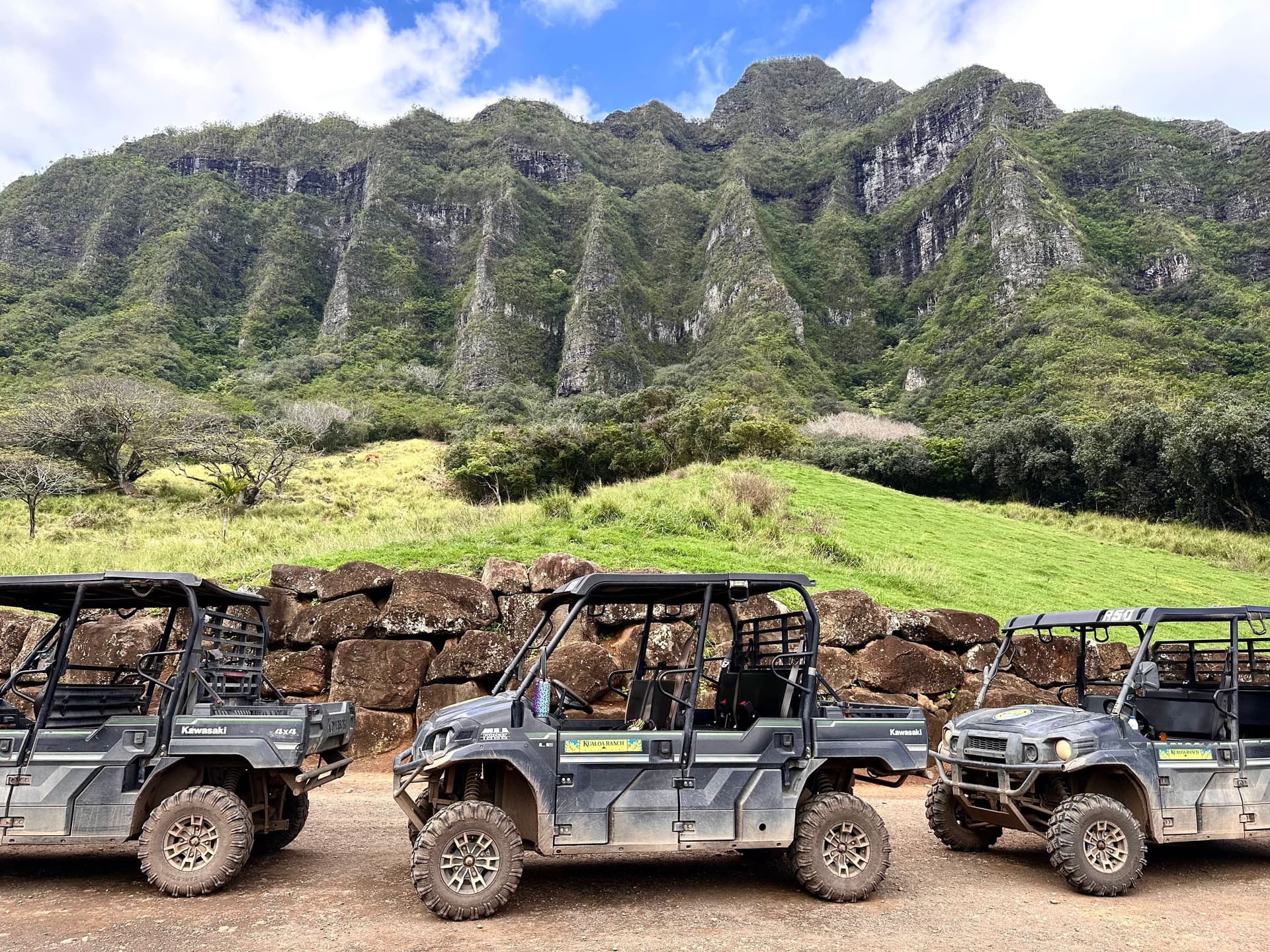 Kualoa Ranch UTV Raptors in front of the Koolau mountains on the east side of oahu.