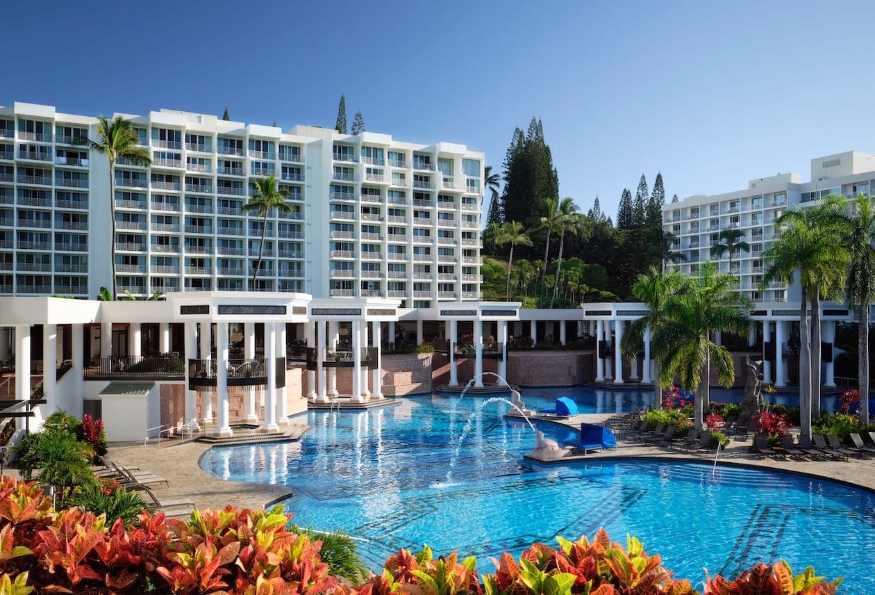 The pool, fountains, gazebos and landscaping at royal sonesta resort in Kauai.