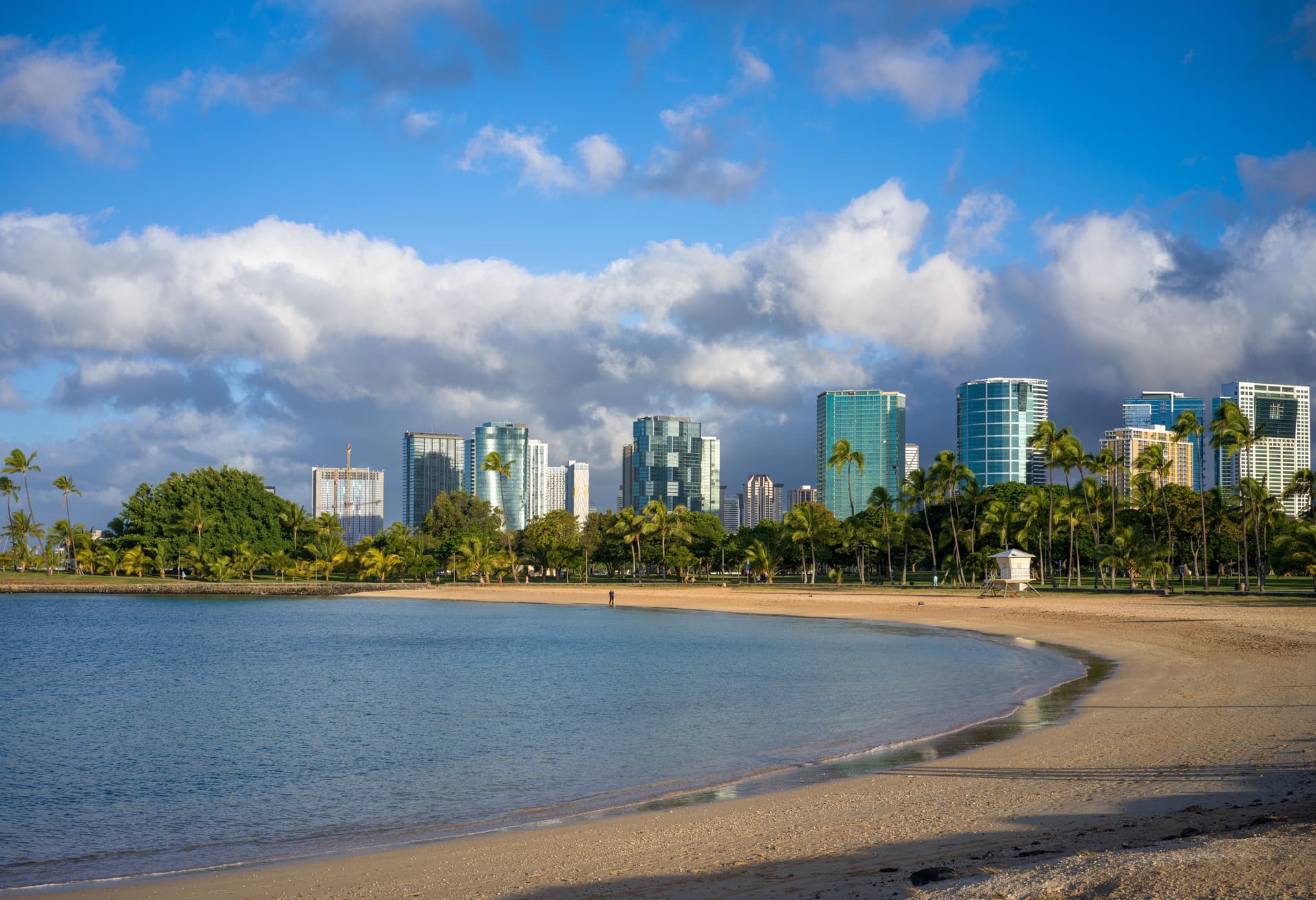 ocean, beach, high rise condos, blue sky, clouds, hawaii