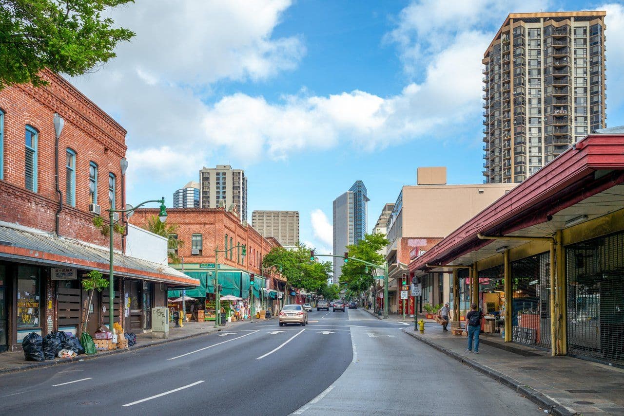 Hotel street in Honolulu Chinatown. Oahu Hawaii.