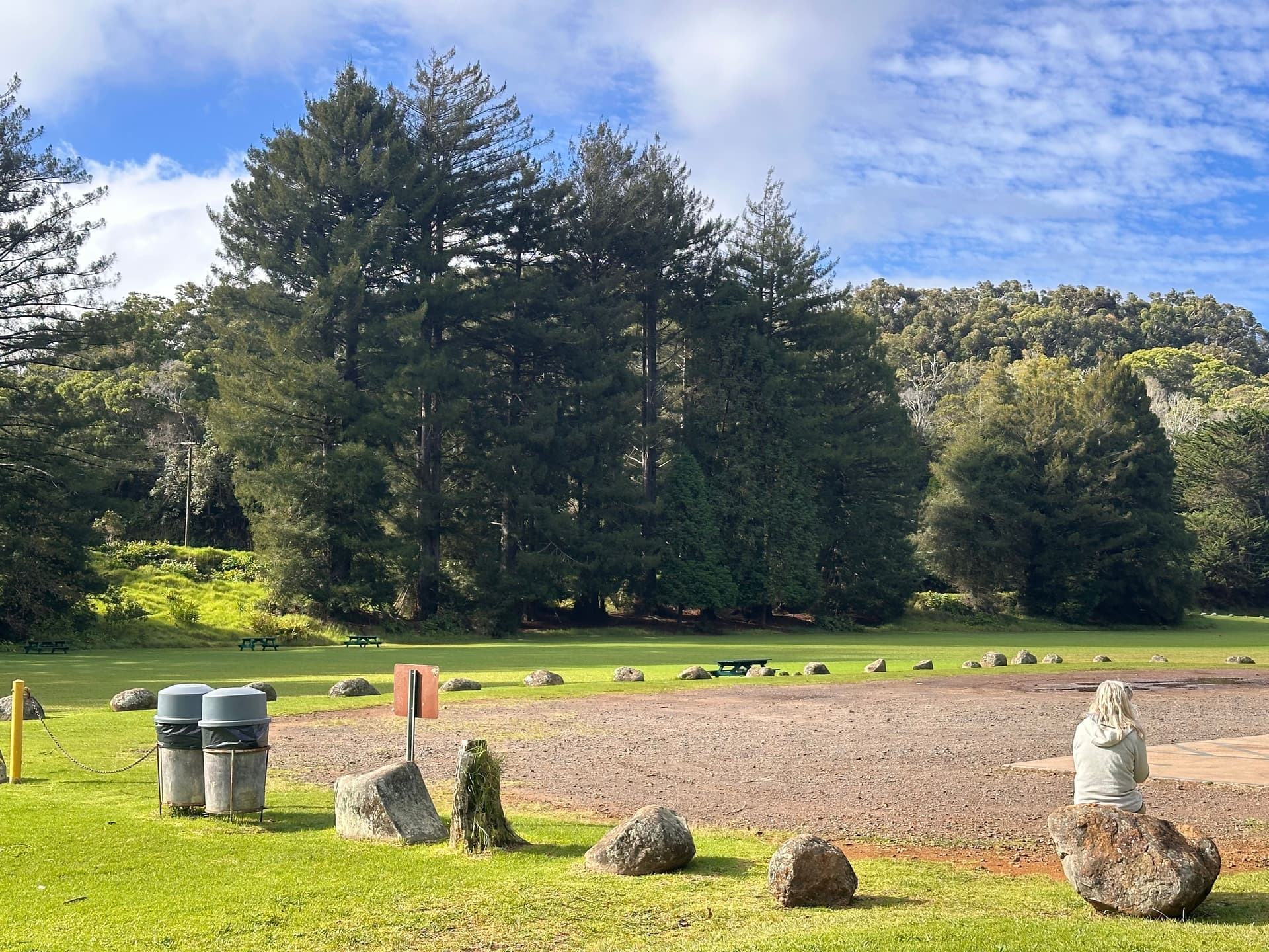 A woman sitting in Kōkeʻe State Park on a sunny day in February. Kauai, Hawaii.