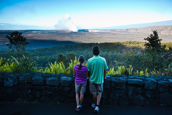 Halemaumau Crater during the day. Photo courtesy of Hawaii Tourism Authority (HTA) / Tor Johnson.
