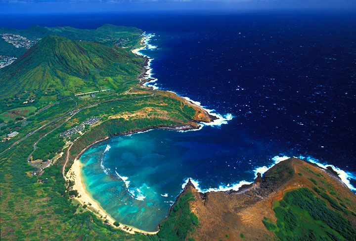 Aerial view of Hanauma Bay. Photo courtesy of Hawaii Tourism Authority (HTA) / Heather Titus.