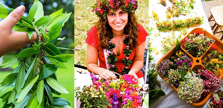 Left: Maile lei. Center: Ashley Gatto who is originally from Canada, making a haku lei at the Lei day festival. Right: Samples of base materials used for making haku lei. Photos courtesy of Hawaii Tourism Authority (HTA) / Tor Johnson.