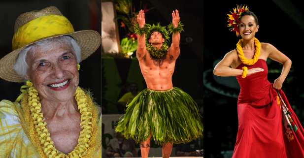 From left: Mamo Righter (Dennis Oda/StarAdvertiser), Male kahiko dancer (Big Island Visitors and Convention Bureau BIVB)/Lehua Waipa AhNee), Previous Miss Aloha Hula Mahealani Mika Hirao-Solem (Big Island Visitors and Convention Bureau BIVB)/Lehua Waipa AhNee). 