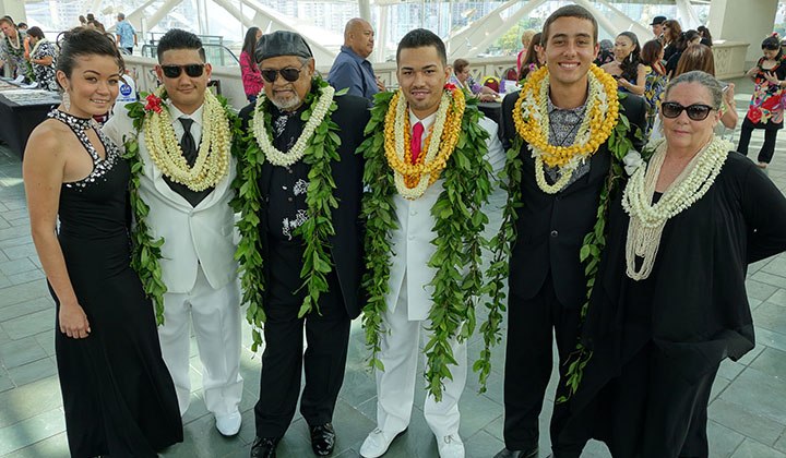 Cyril Pahinui (third from left) and friends at the 2015 Nā Hōkū Hanohano Awards. Photo: Mele Mei.