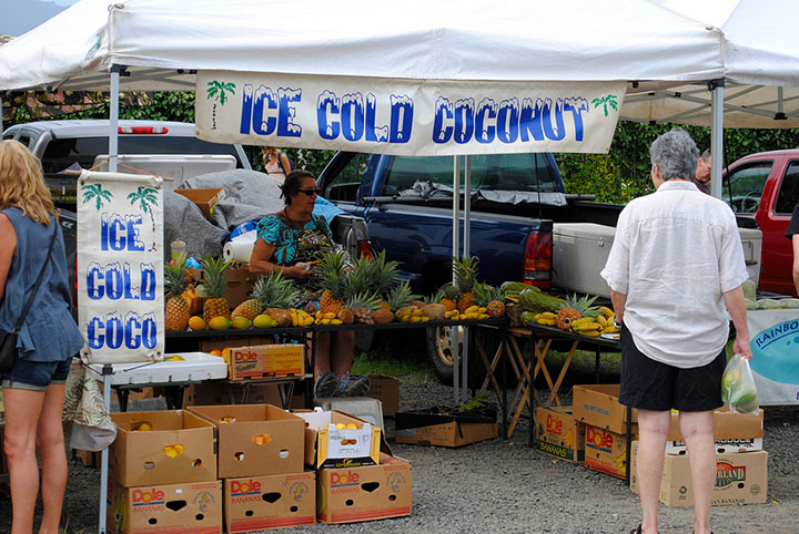 Image of Shopping at a farmers market on Kauai. You can see pineapples, papayas and bananas