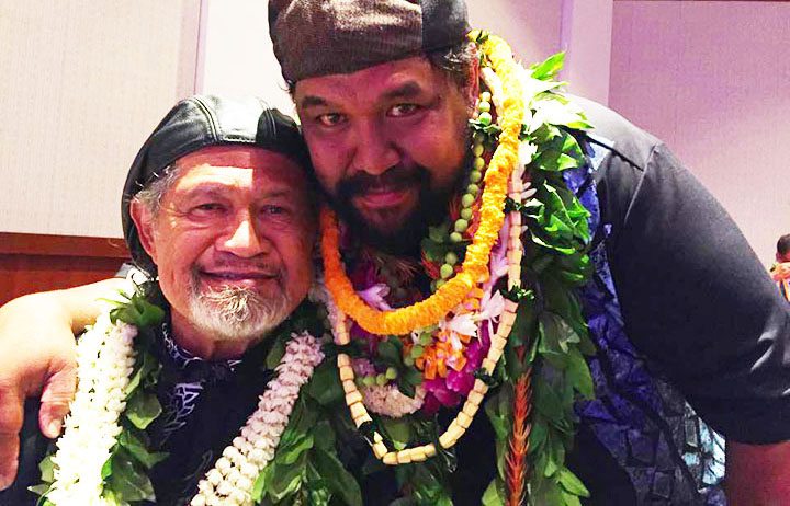 Slack key masters Cyril Pahinui and Kawika Kahiapo at the 2015 Na Hoku Hanohano Awards.  Photo:  Kawika Kahiapo.