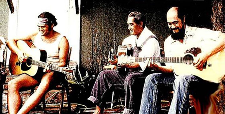 A Waimanalo Kanikapila in the 1970s.  (Pictured from left to right:  Cyril Pahinui, Gabby Pahinui, and James "Bla" Pahinui.)  Photo:  Mele Mei In L.A.