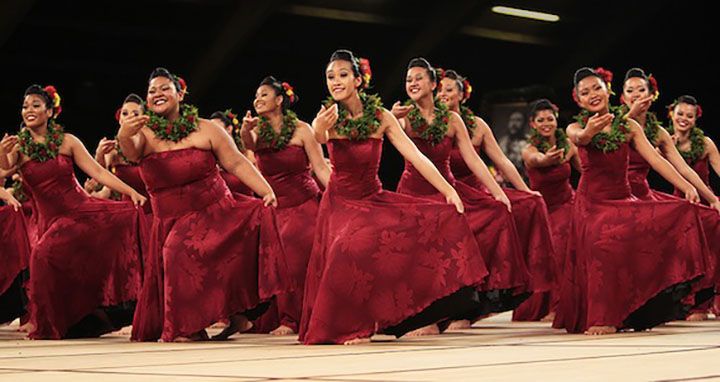 Halau Na Lei Kaumaka O Uka (kumu Napua Greig & Kahulu Maluo; Kula, Maui) dances during the Kahiko portion of the Merrie Monarch Festival competition. PHOTO BY DENNIS ODA. APRIL 6, 2013.