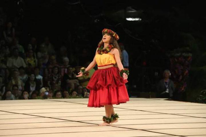 Kayshlyn Keauli'imailani "Auli'i" De Sa of Halau O Ka Ua Kani Lehua chants during her kahiko performance in the Miss Aloha Hula competition Thursday night.
