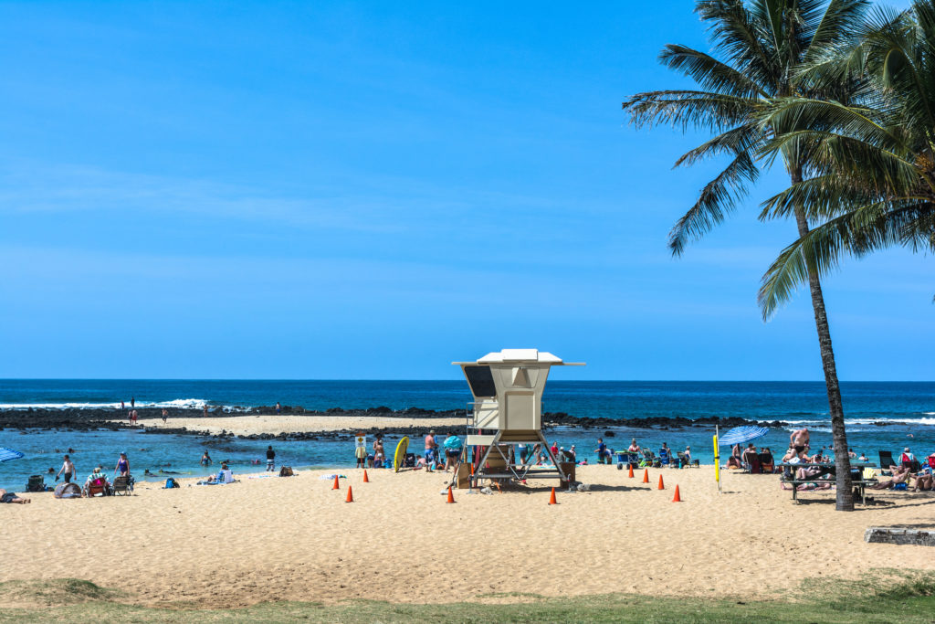 View of the sand beach at Poipu, Kauai, Hawaii