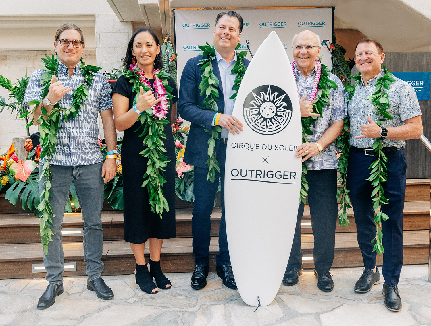 From Left: Simon Painter, Creative Director at Cirque du Soleil; Makanani Salā, Executive Director of Honolulu Mayor’s Office of Culture and the Arts; Eric Grilly, Cirque du Soleil President of Resident and Affiliate Shows; Honolulu Mayor Rick Blangiardi; Jeff Wagoner, President and CEO of Outrigger Hospitality Group.